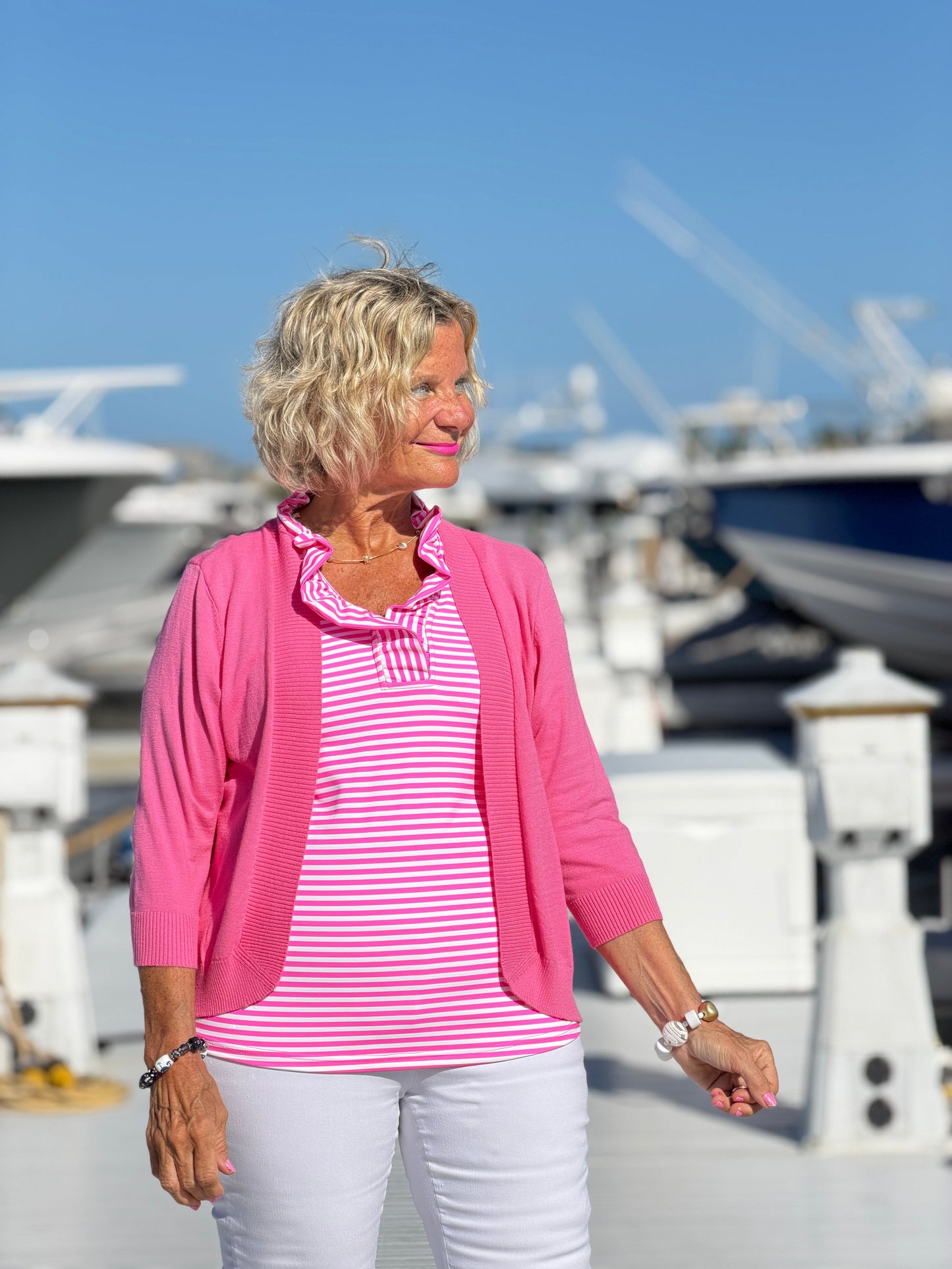 MARINA PINK STRIPE RUFFLE TOP