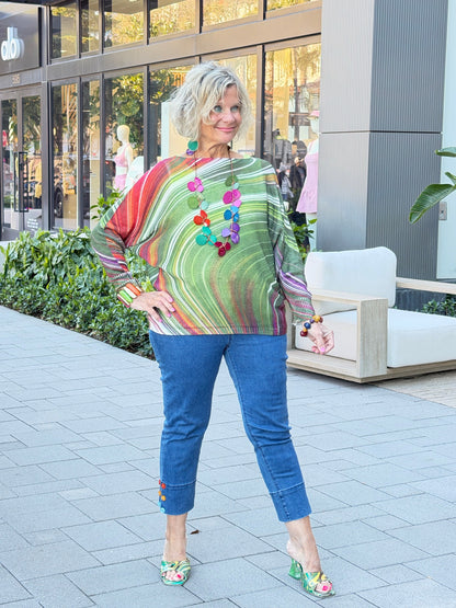 OLIVE Wavy Round Neck Knit Printed Sweater