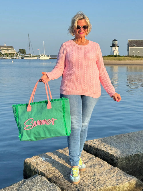 SEWN ROPE SUMMER LETTER FRINGED CANVAS BAG