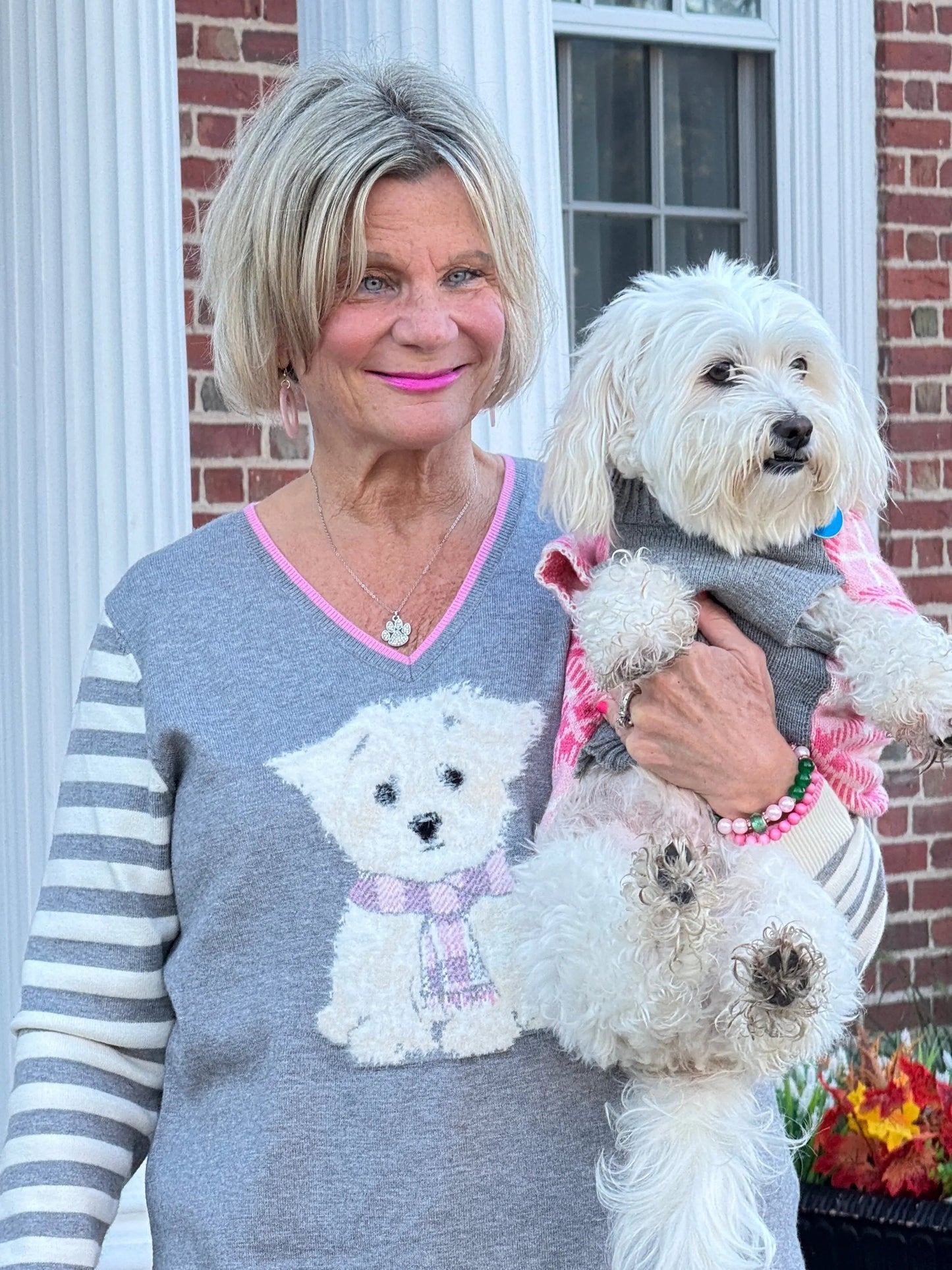 Maltese Puppy Striped Sleeve Sweater