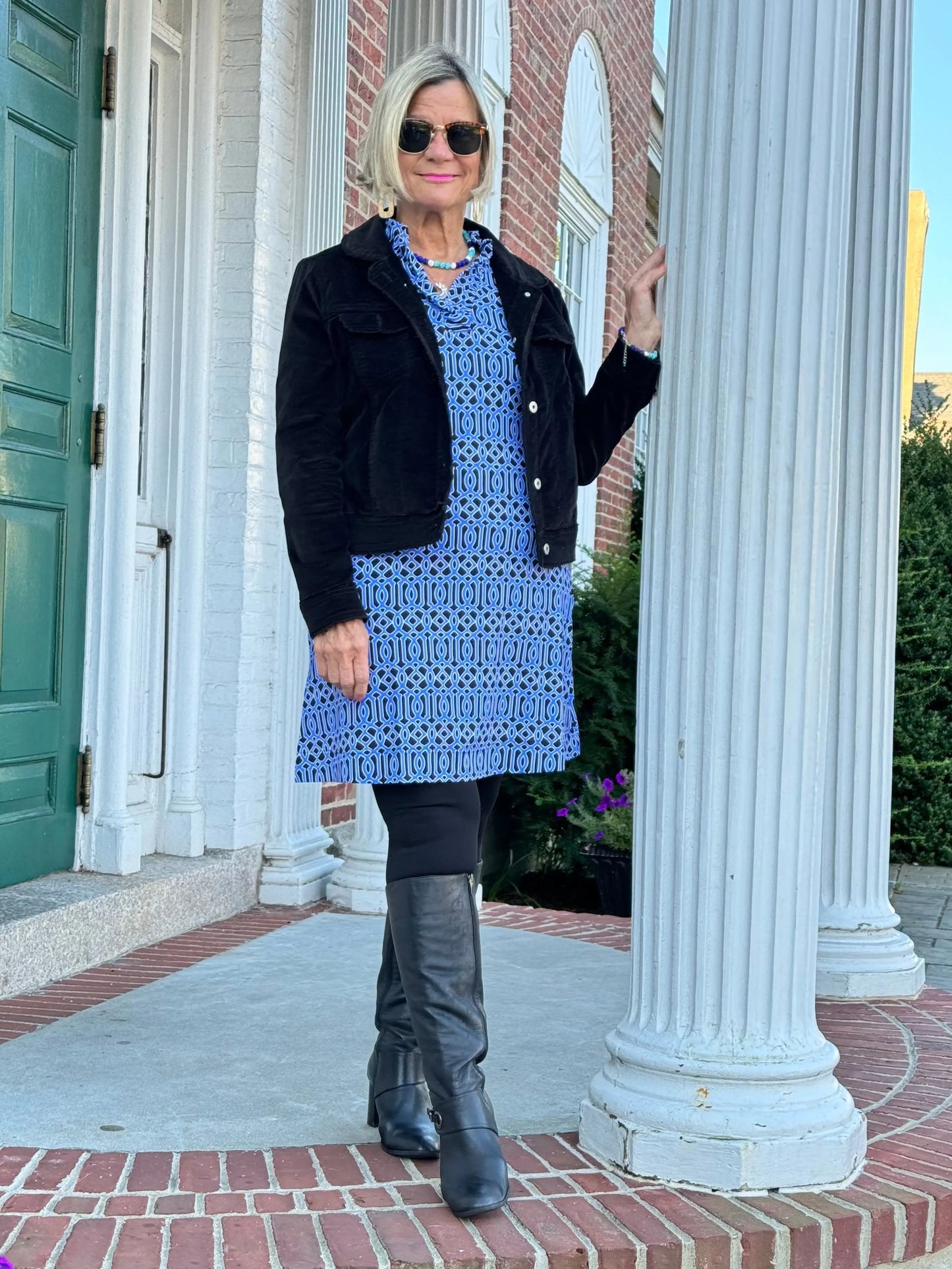SHADES OF BLUE RUFFLE SLEEVE DRESS