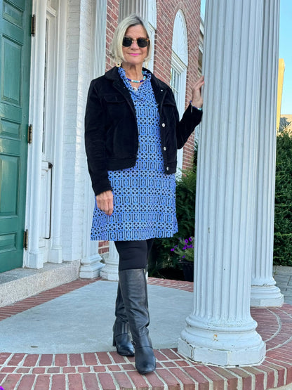 SHADES OF BLUE RUFFLE SLEEVE DRESS