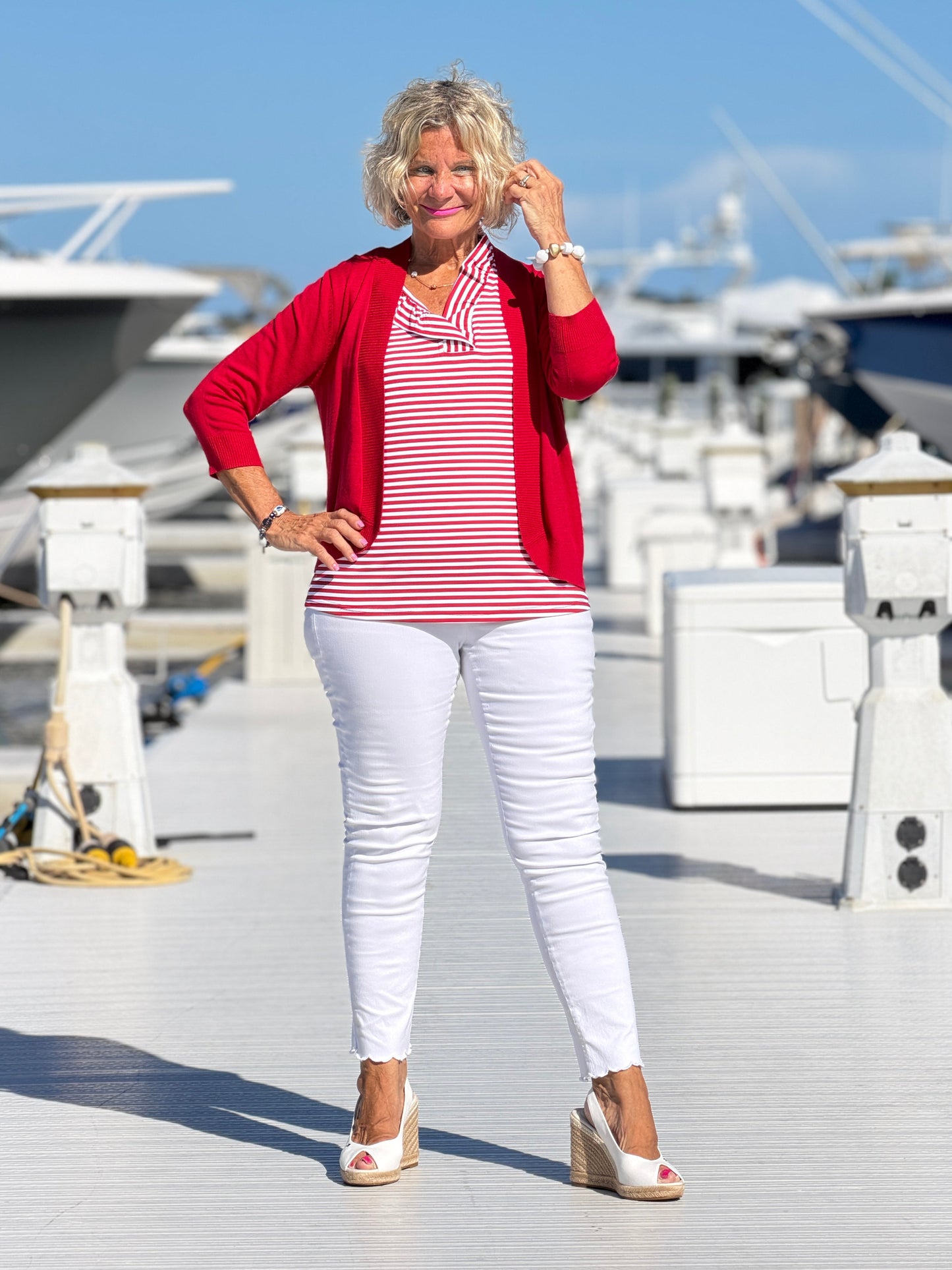 REGATTA RED STRIPE SLEEVELESS RUFFLE TOP