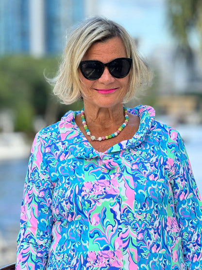 SPLASH OF PINK  RUFFLE SLEEVE TOP