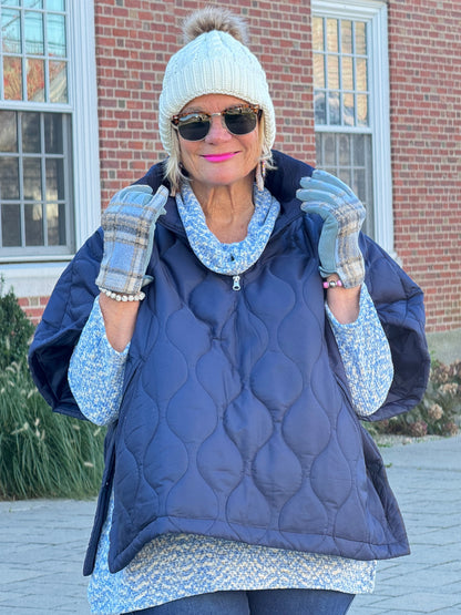 Quilted Short Sleeves Puffer Pullover Poncho Navy