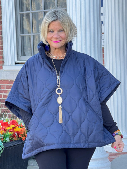 Quilted Short Sleeves Puffer Pullover Poncho Navy