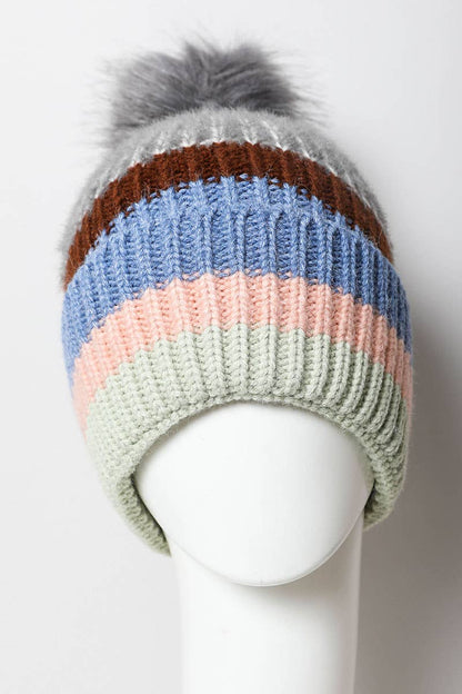 Multi Pastel Stripe Knit Pom Beanie