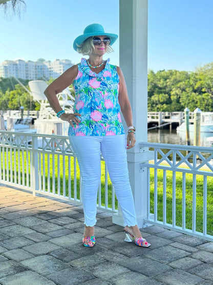 SEASHELL BEACH SLEEVELESS RUFFLE TOP