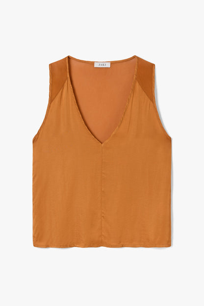 Gigi V Neck Sheer Back Satin Top | Sunset Orange