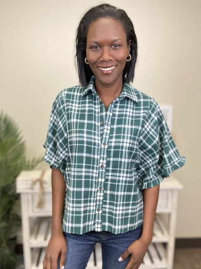Making Plans Women's Plaid Button Down Short Sleeve Top