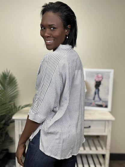 Get Going Women's Striped Button Down Oversized 1/2 Sleeve Top