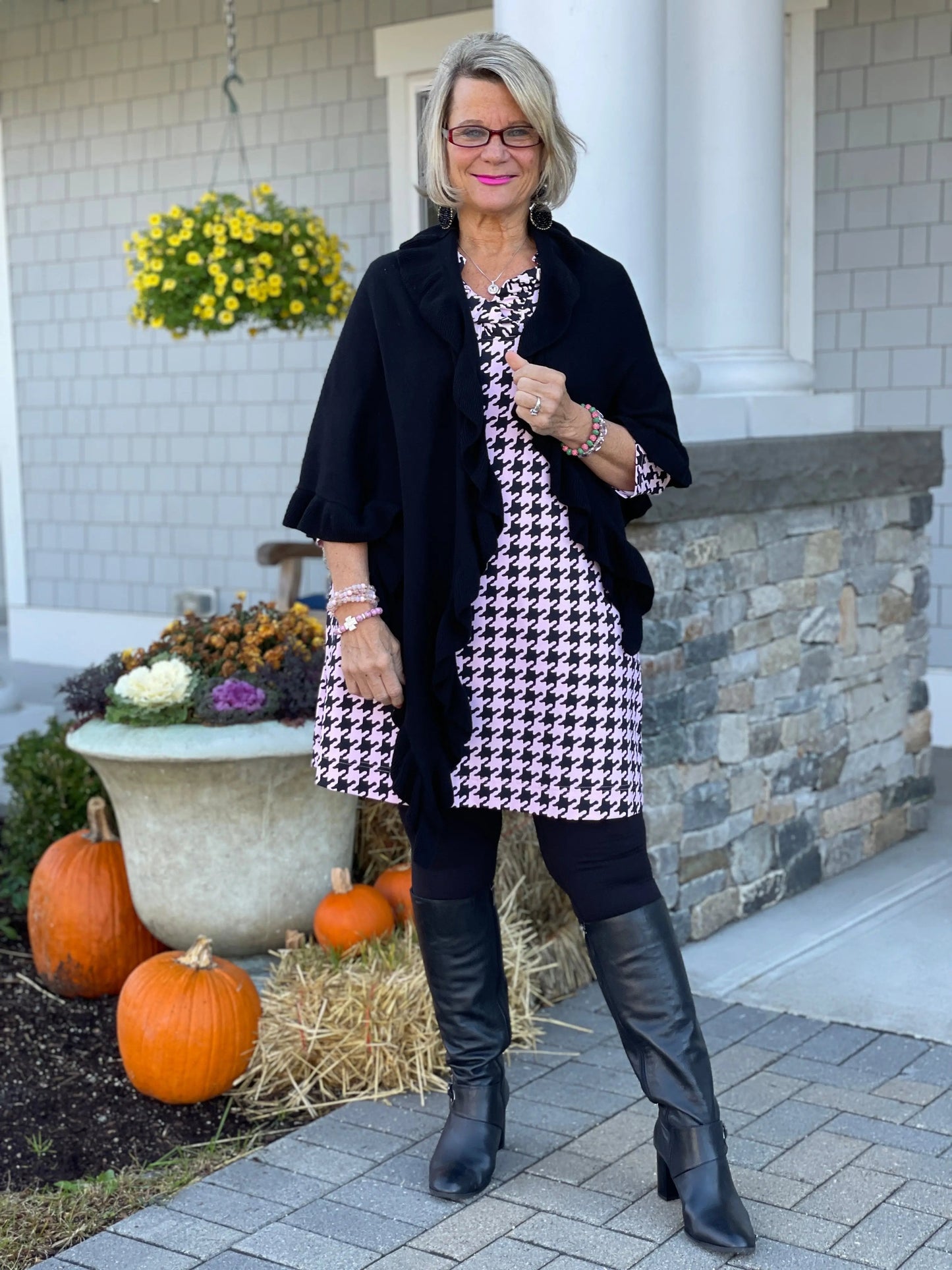 PINK HOUNDSTOOTH RUFFLE NECK DRESS FINAL,SALE