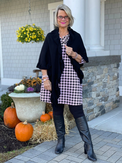 PINK HOUNDSTOOTH RUFFLE NECK DRESS FINAL,SALE