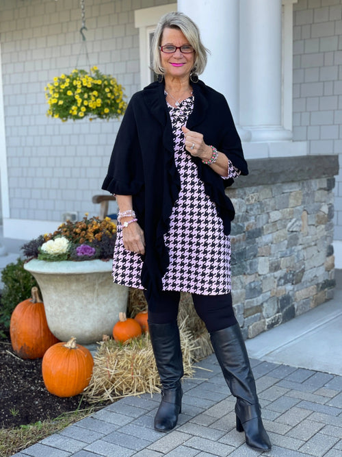 PINK HOUNDSTOOTH RUFFLE NECK DRESS FINAL,SALE