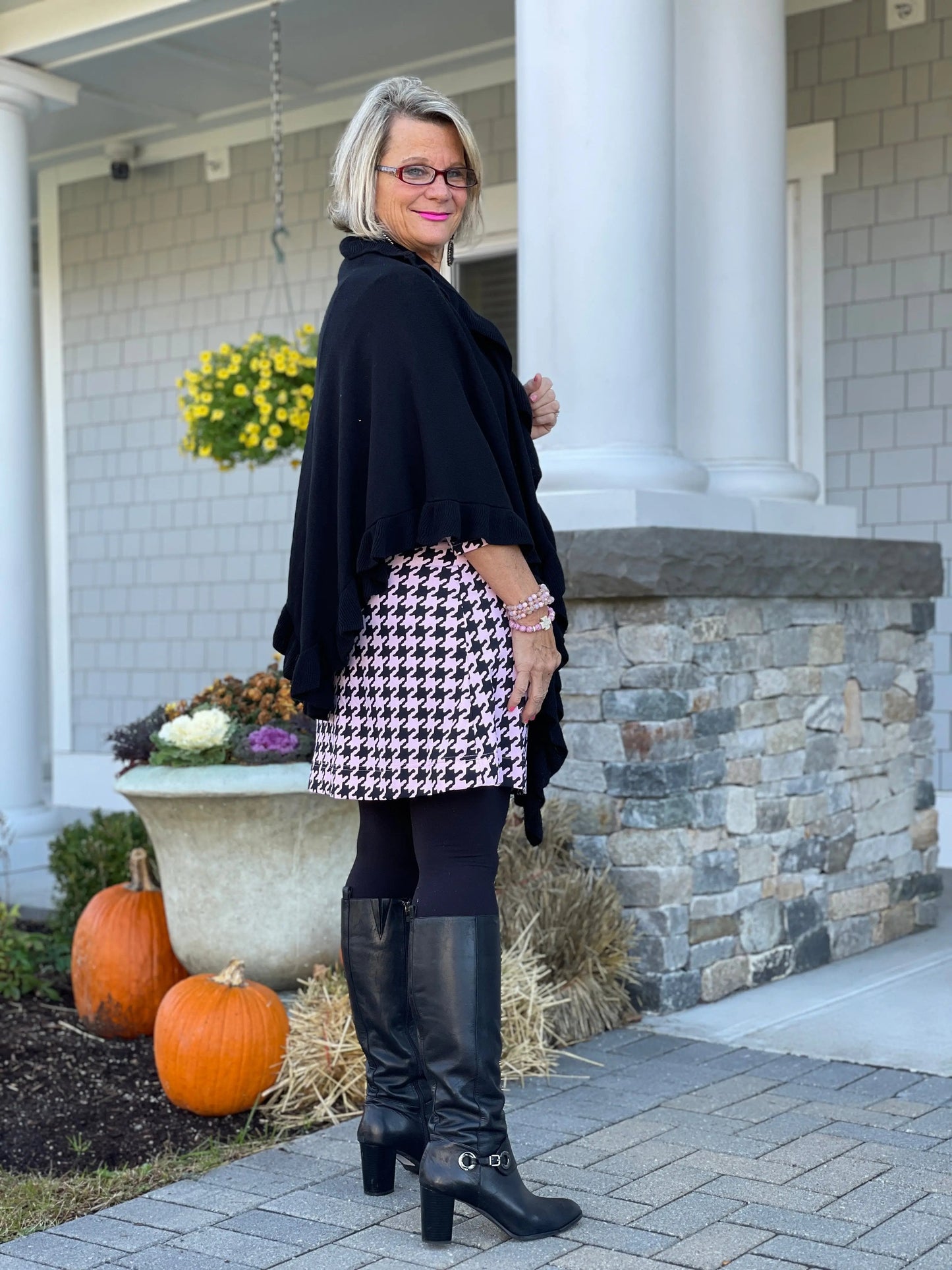 PINK HOUNDSTOOTH RUFFLE NECK DRESS FINAL,SALE