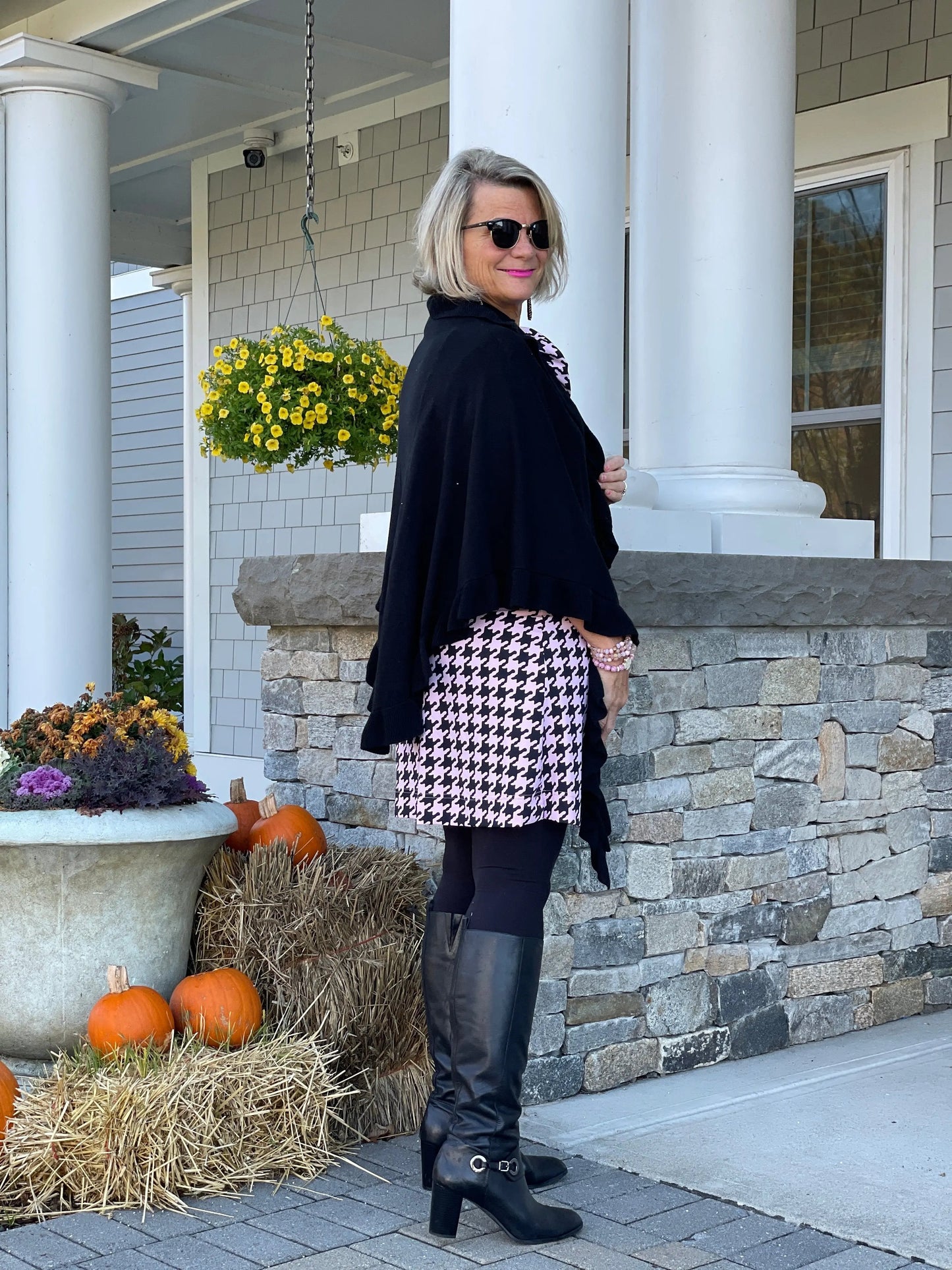 PINK HOUNDSTOOTH RUFFLE NECK DRESS FINAL,SALE
