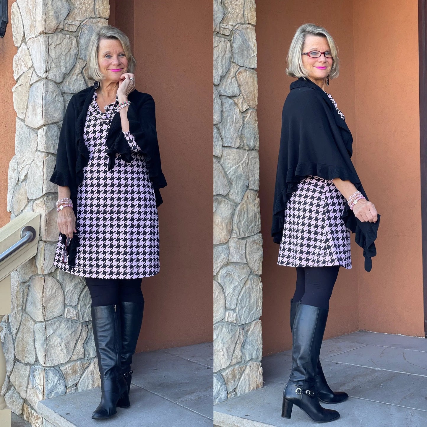 PINK HOUNDSTOOTH RUFFLE NECK DRESS FINAL,SALE