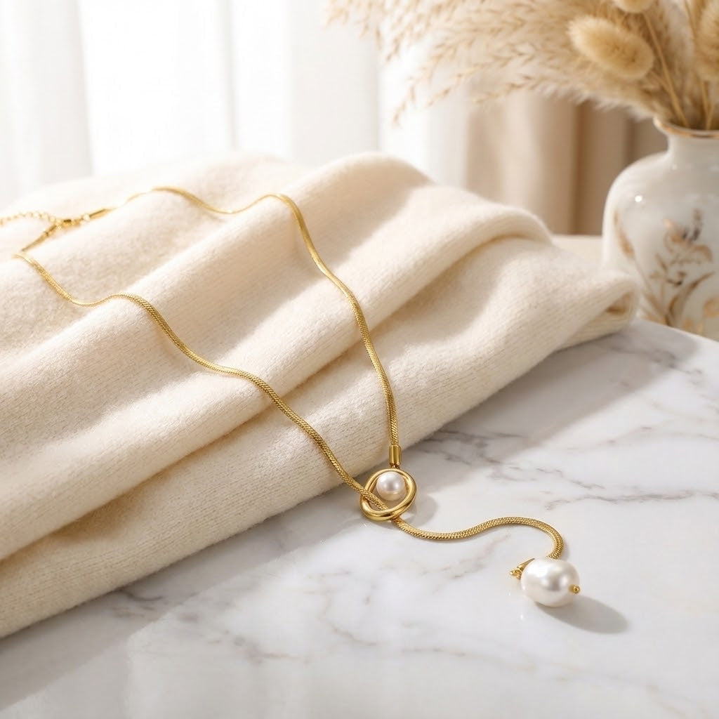 ALB Custom Gold Baroque Pearl Drop Y-Necklace