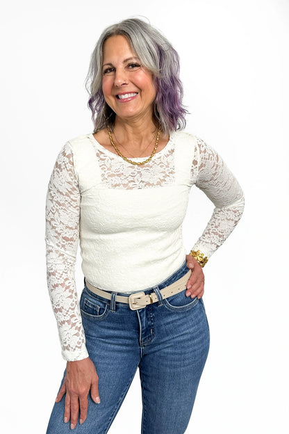 Women's Sheer Floral Lace Long Sleeve Fitted Top by Ava Lane