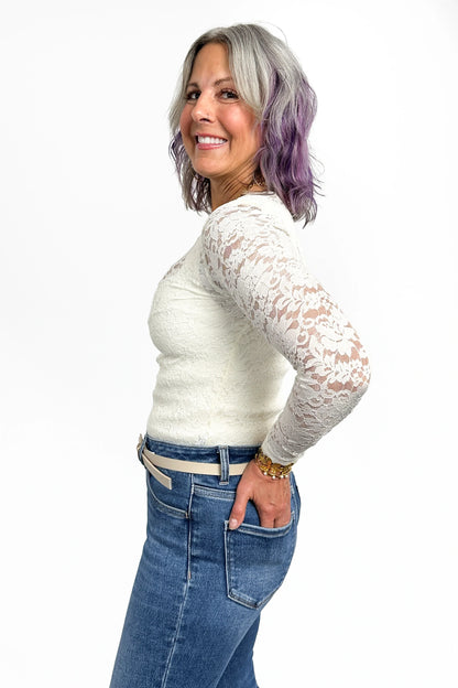 Women's Sheer Floral Lace Long Sleeve Fitted Top by Ava Lane