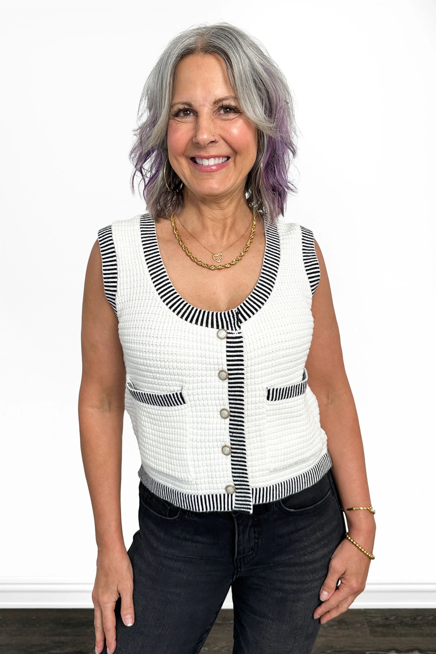 Women's Button Front Contrast Trim Sleeveless Sweater Vest by Ava Lane