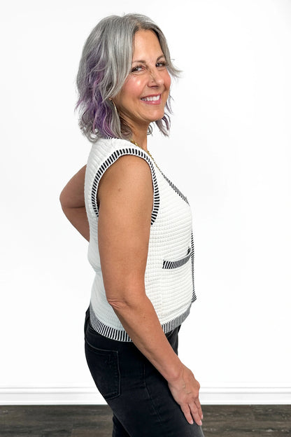 Women's Button Front Contrast Trim Sleeveless Sweater Vest by Ava Lane