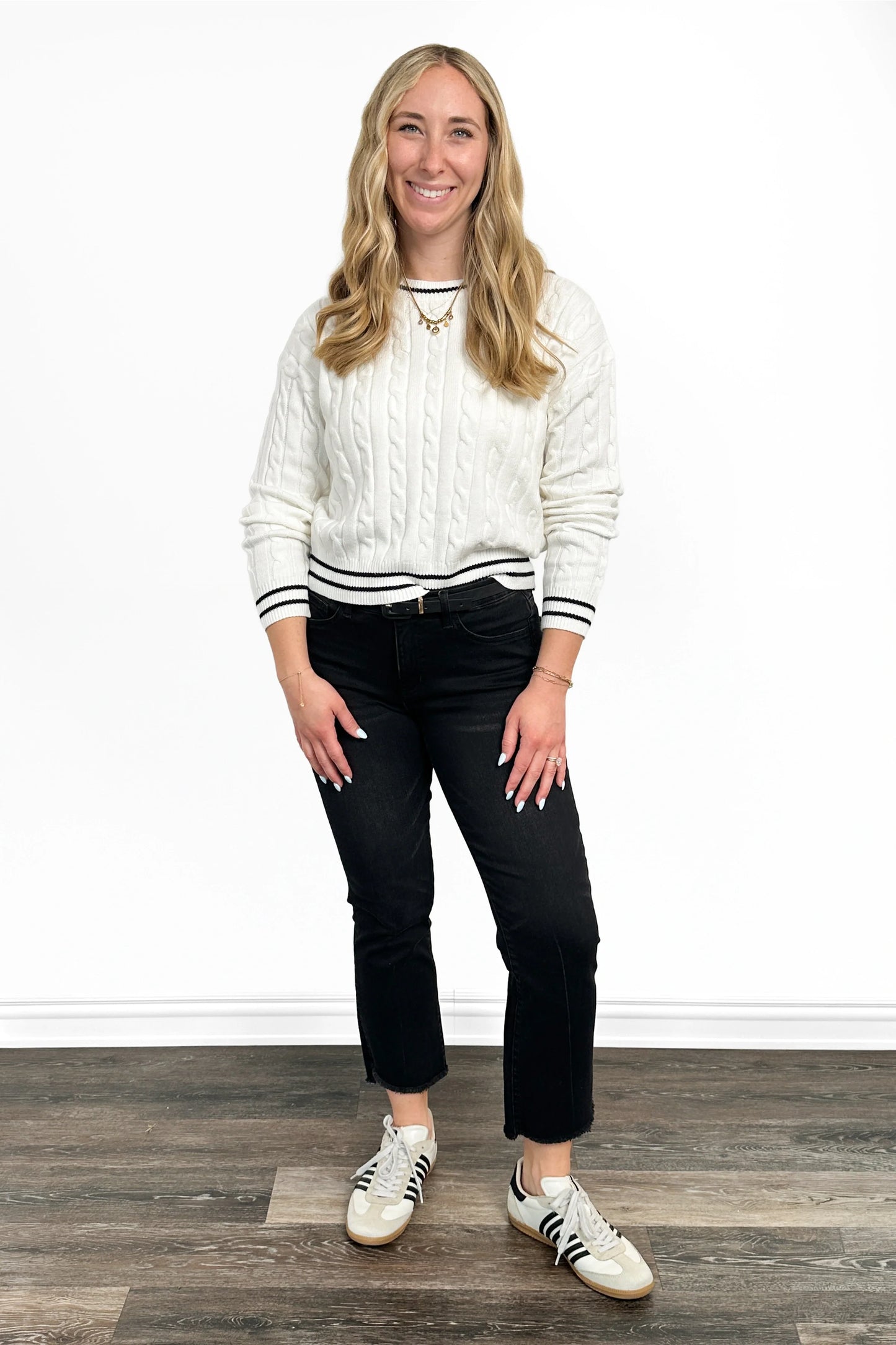 Women's Cable Knit Contrast Trim Crew Neck Sweater by Ava Lane
