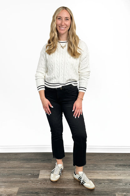 Women's Cable Knit Contrast Trim Crew Neck Sweater by Ava Lane