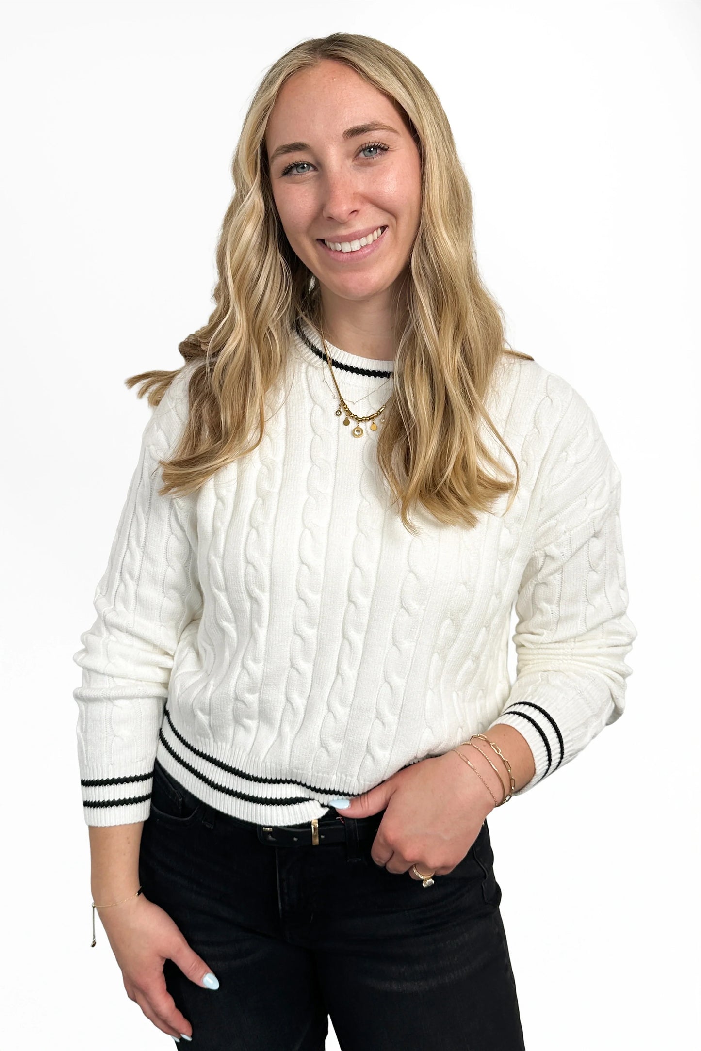Women's Cable Knit Contrast Trim Crew Neck Sweater by Ava Lane