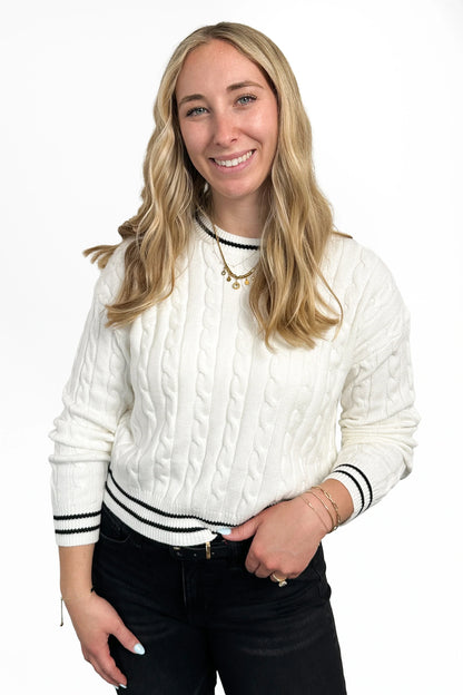 Women's Cable Knit Contrast Trim Crew Neck Sweater by Ava Lane