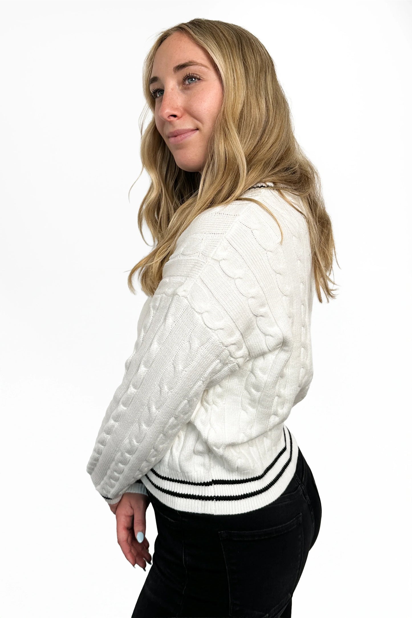 Women's Cable Knit Contrast Trim Crew Neck Sweater by Ava Lane
