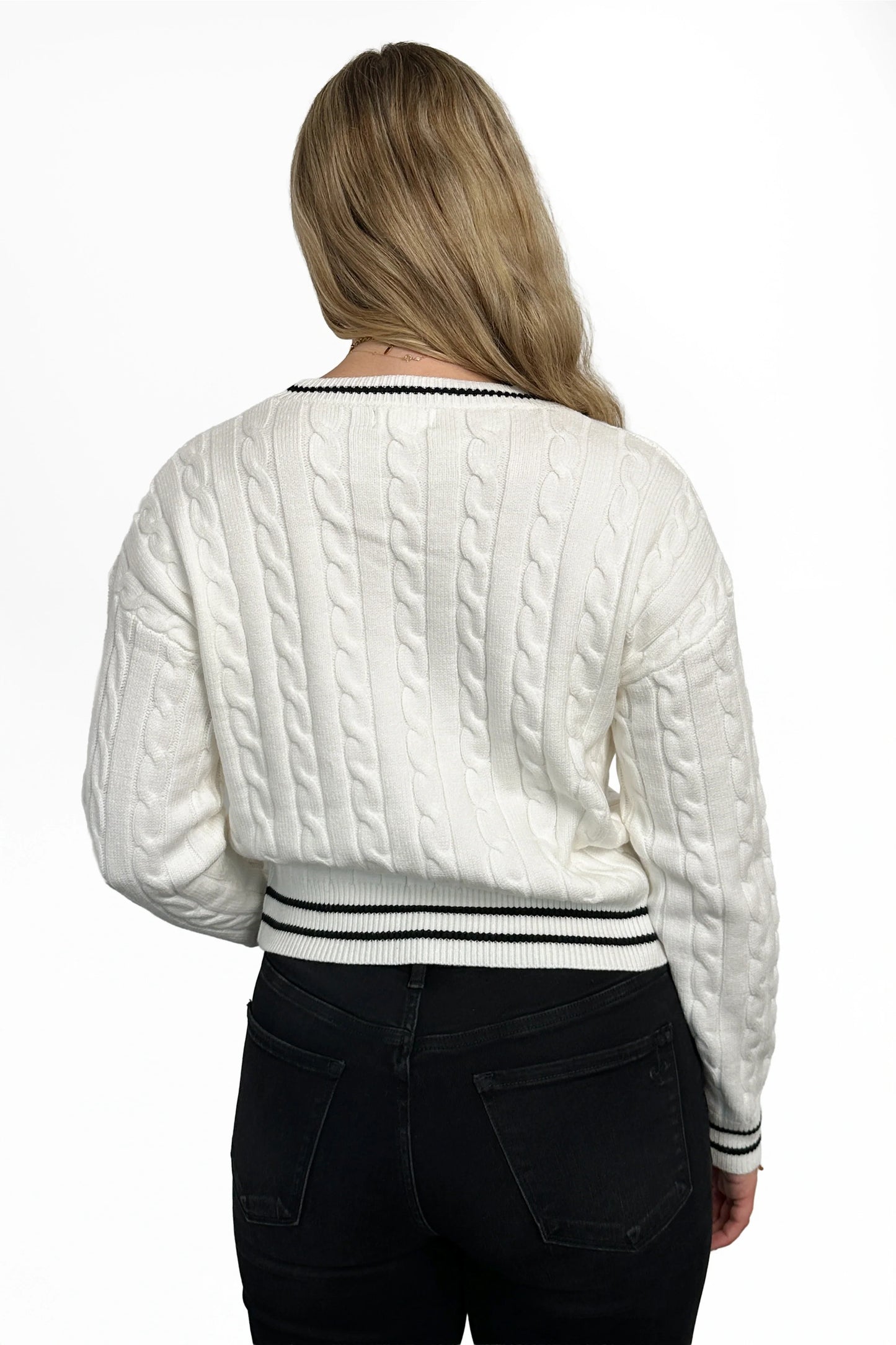 Women's Cable Knit Contrast Trim Crew Neck Sweater by Ava Lane