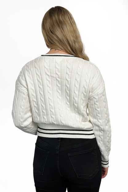Women's Cable Knit Contrast Trim Crew Neck Sweater by Ava Lane