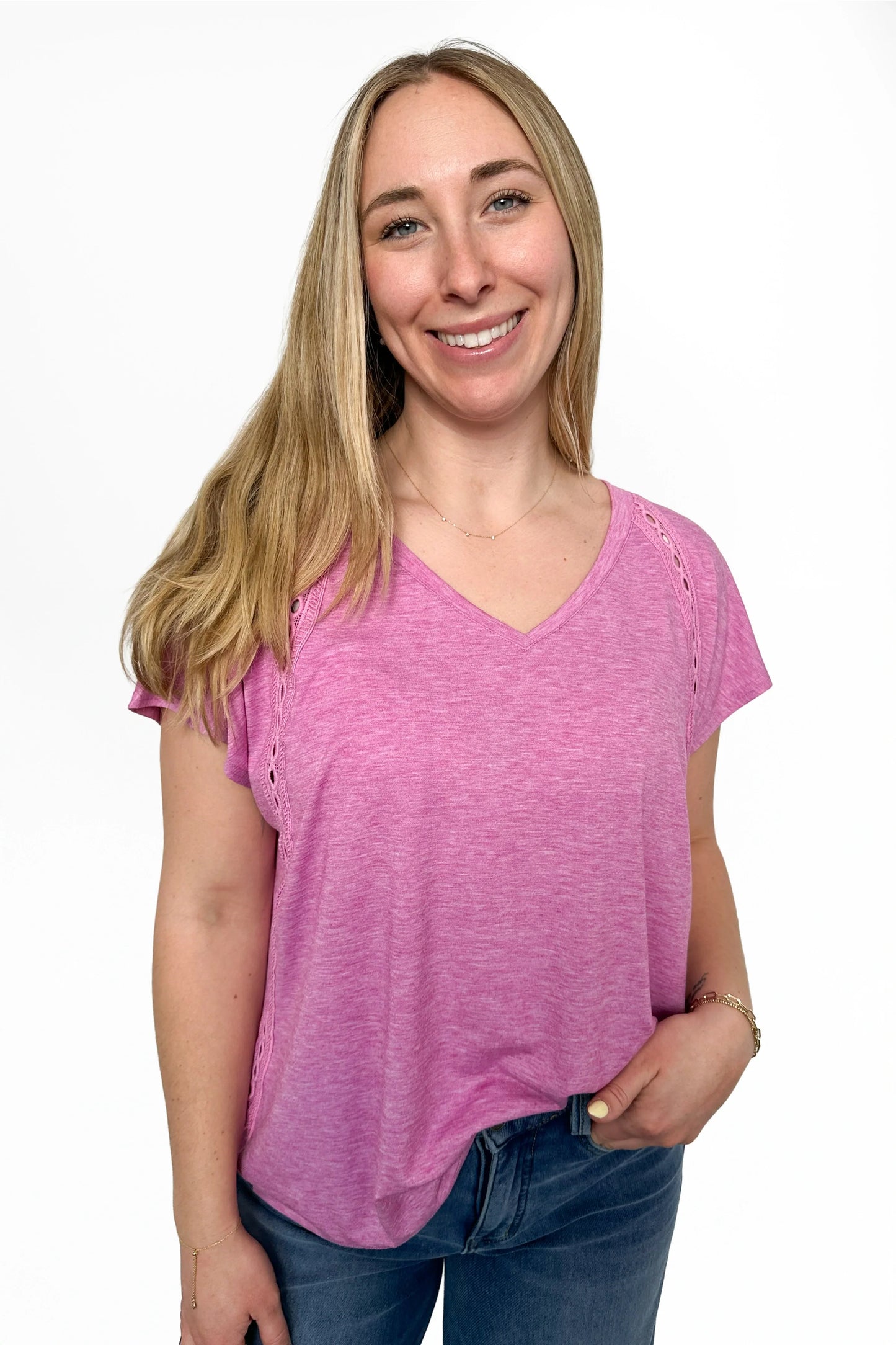 ALB Custom Women's Feminine Eyelet Trim V-Neck Top