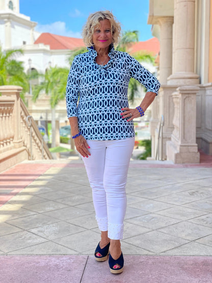 MELINA BLUE 3/25 RUFFLE TOP