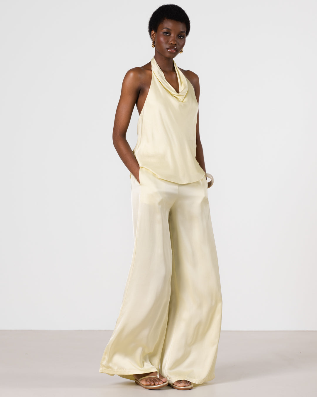 Giselle Elastic High Waist Satin Trousers | Butter Yellow