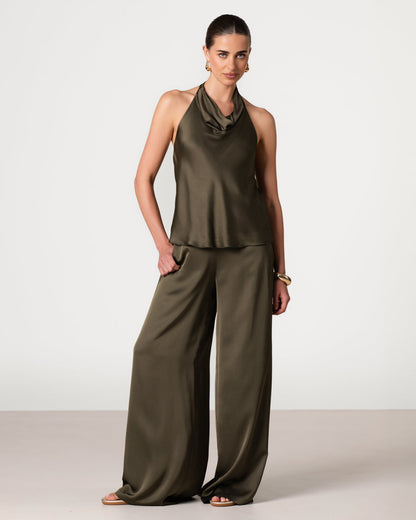Giselle Elastic High Waist Satin Trousers | Khaki