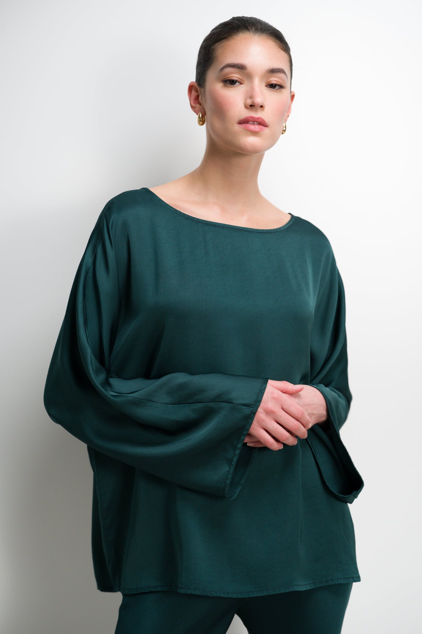 Arlet Wide Sleeve Boatneck Satin Top | Teal