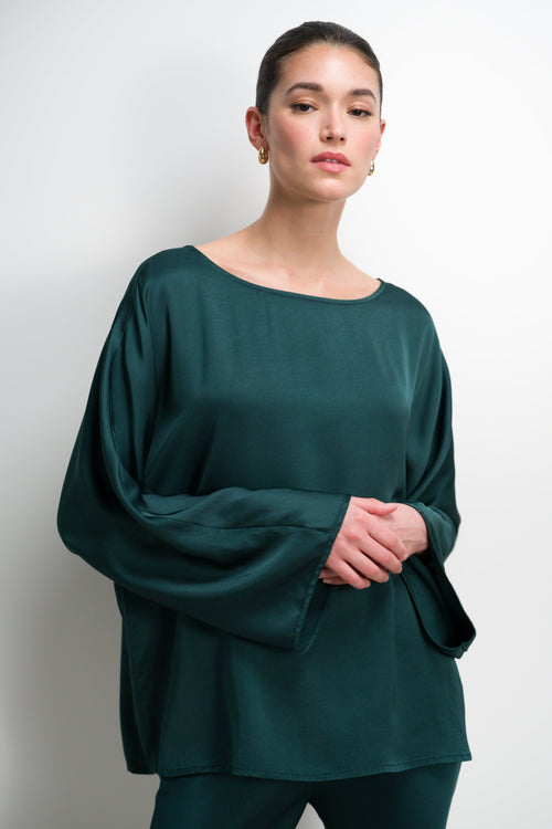 Arlet Wide Sleeve Boatneck Satin Top | Teal