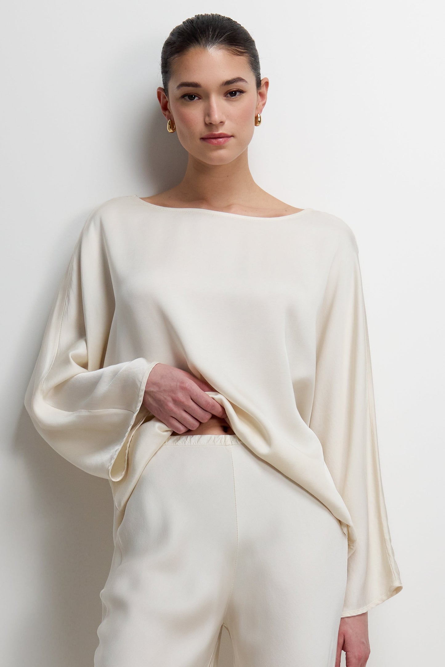 Arlet Wide Sleeve Boatneck Satin Top | Ivory