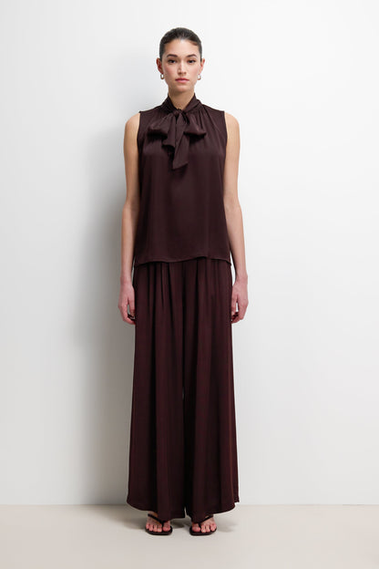 Arden Pleated Elastic Waist Satin Trousers | Espresso Brown Moire