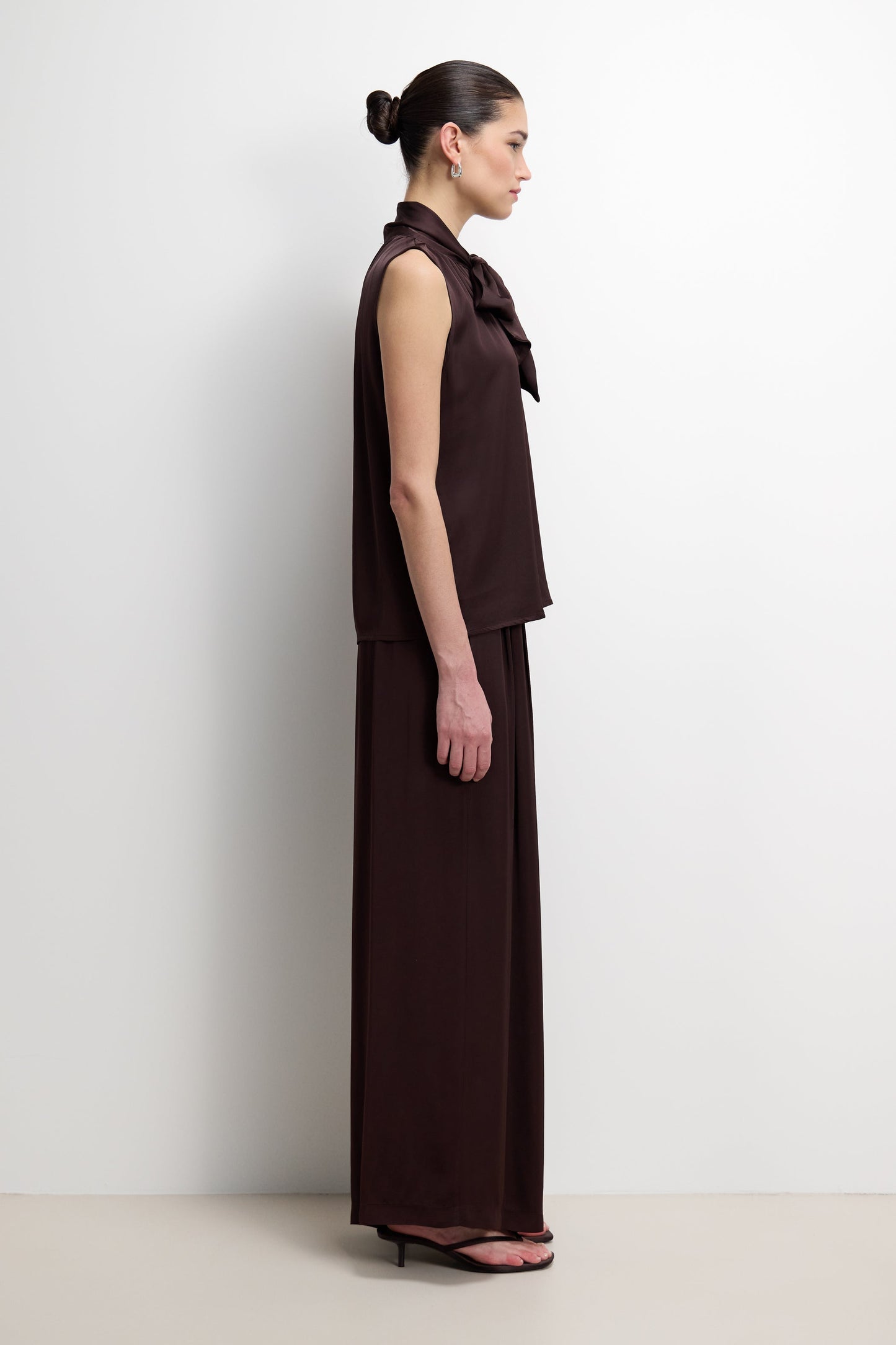 Lyanne Bow Neck Tie Satin Blouse | Espresso Brown Moire
