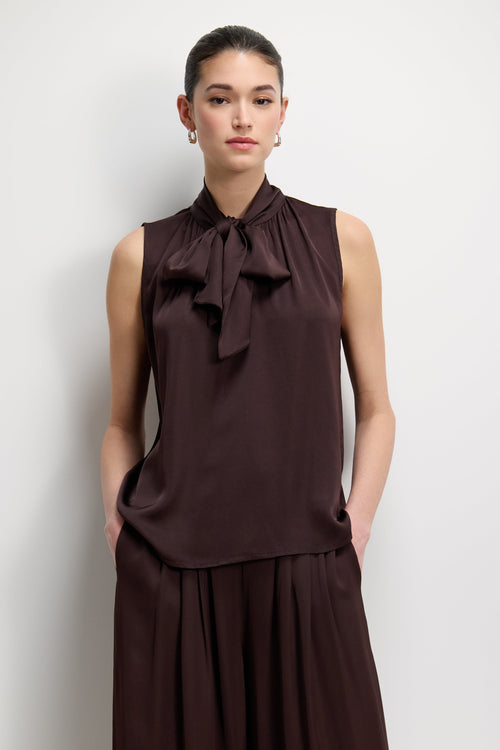 Lyanne Bow Neck Tie Satin Blouse | Espresso Brown Moire