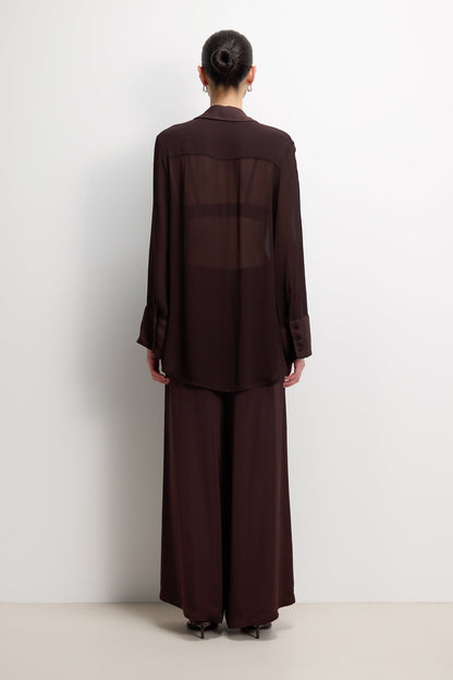 Arden Pleated Elastic Waist Satin Trousers | Espresso Brown Moire