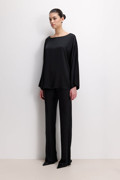 Arlet Wide Sleeve Boatneck Satin Top | Black