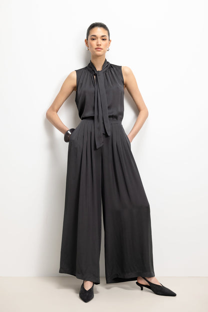 Arden Pleated Elastic Waist Satin Trousers | Anthracite