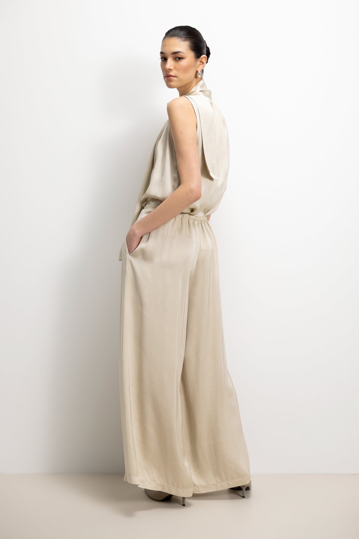 Arden Pleated Elastic Waist Satin Trousers | Honey