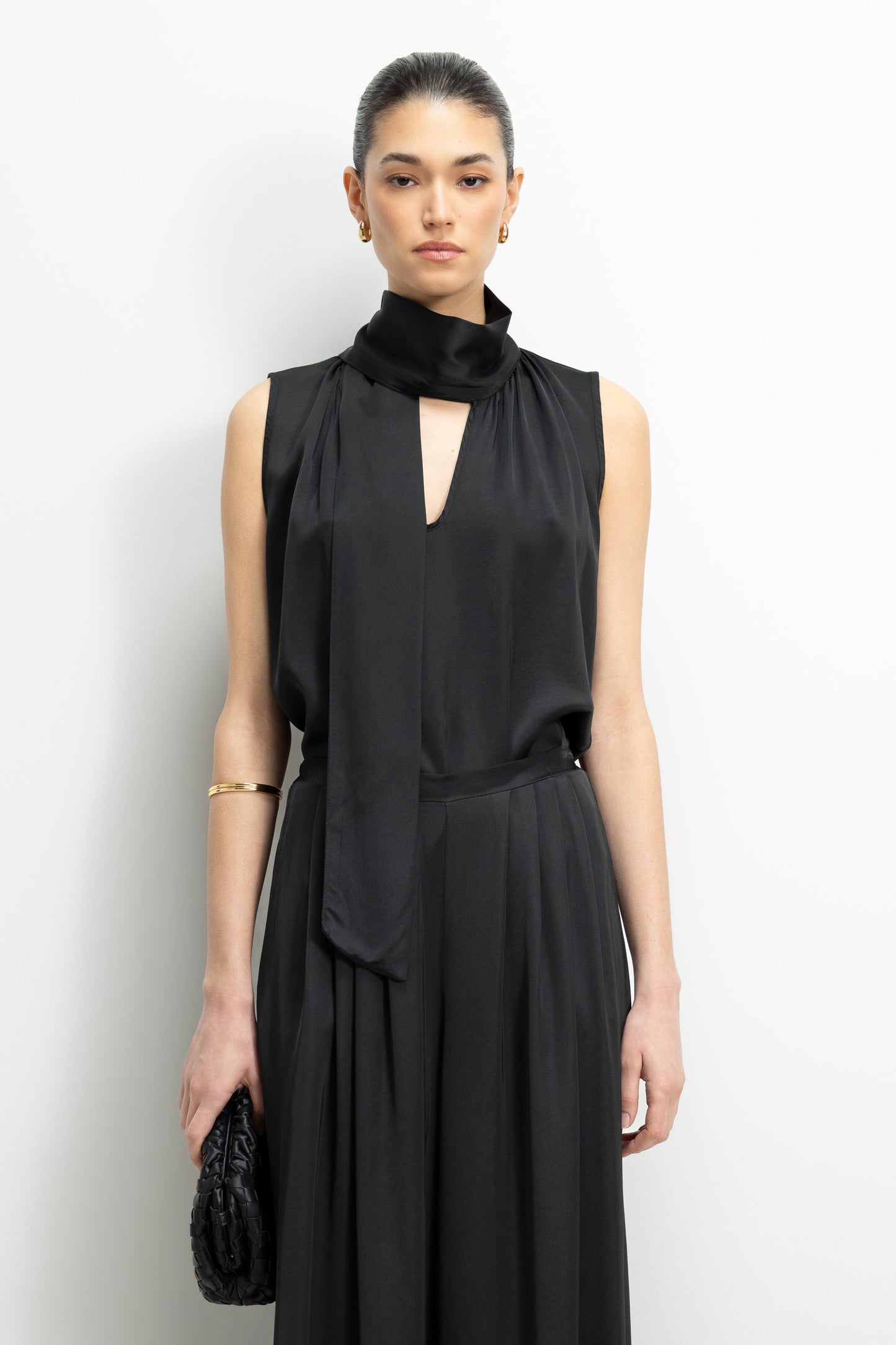 Lyanne Bow Neck Tie Satin Blouse | Black