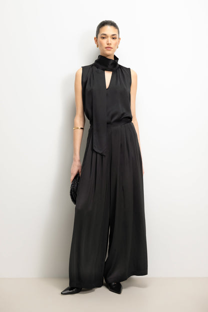 Arden Pleated Elastic Waist Satin Trousers | Black