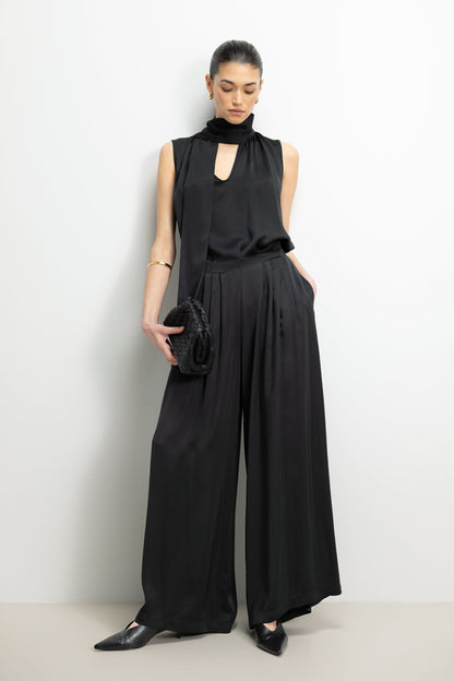 Arden Pleated Elastic Waist Satin Trousers | Black